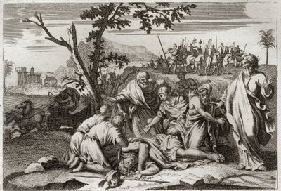 Bible of Royaumont, Old Testament: Death of the wicked Antiochus. The appalling death of King Antiochus IV Epiphanes after a horse fall. Illustration from 1811. by Unknown artist