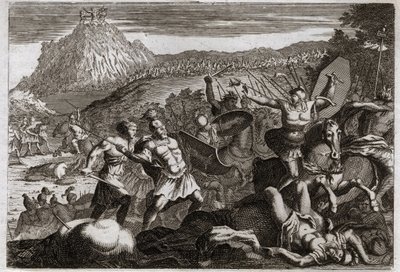 Bible of Royaumont, Old Testament: Defeat of Amalec (Amalek). Moses obtained victory over the Amalekites, holding his hands high in heaven. Illustration from 1811 by Unknown artist