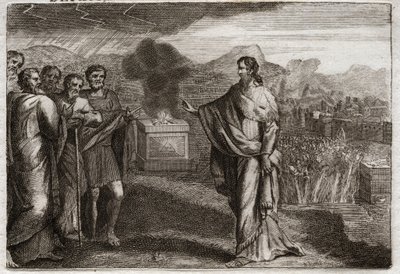 Bible of Royaumont, Old Testament: Defeat of the Philistines. Samuel offers a holocaust to God. Then the Jews defeat the Philistines. Illustration from 1811 by Unknown artist
