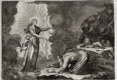 Bible of Royaumont, Old Testament: Deliverance of Daniel. Daniel, in the den of lions, is miraculously drunk. Illustration from 1811. by Unknown artist