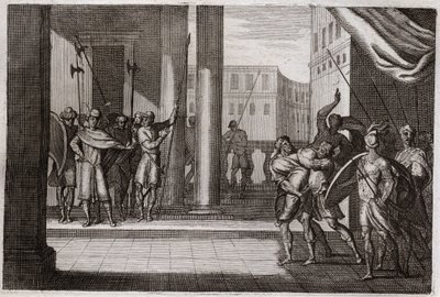 Bible of Royaumont, Old Testament: Dinah went out of curiosity to see the women of Shechem, and the King of that city had made him violence, his brothers took revenge and killed all the people of Shechem with the King. Illustration from 1811. by Unknown artist