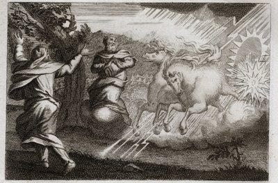 Bible of Royaumont, Old Testament: Elijah is taken to heaven. Elijah is taken to heaven in a chariot of fire in the presence of his disciple. Elisha receives from him his double spirit: he divides the water of the Jordan with the mantle of Elijah. Illustra by Unknown artist