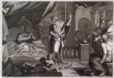 Bible of Royaumont, Old Testament: Hezekiah receives health. King Hezekiah was ill unto death, received health and another fifteen years of life. The prophet Isaiah announces his recovery: the sign will be to push back the shadow of the clock by ten degree by Unknown artist