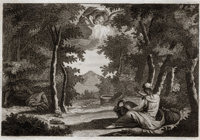 Bible of Royaumont, Old Testament: Flight of Hagar. Hagar rises against Sarah her mistress. Sarah chastises her insolence with severity. Hagar cannot suffer her and flees from the house into the desert, where an Angel talks to her to bring her back to Sara by Unknown artist