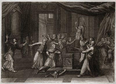 Bible of Royaumont, Old Testament: Generosity of Matathias. Mathathias (Mattathias), father of the Machabees (Maccabees), kills a Jew who sacrificed to Idols by a holy zeal of the law of God. Illustration from 1811 by Unknown artist