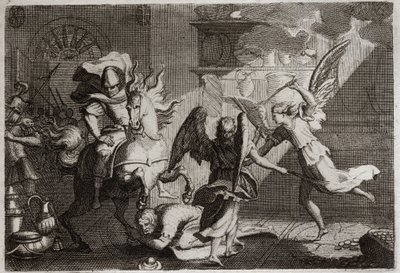 Bible of Royaumont, Old Testament: Heliodore hunting the temple. Heliodore (Heliodoros) sent by his ruler to plunder the Temple of Jerusalem, was beaten with rods by angels. Illustration from 1811. by Unknown artist