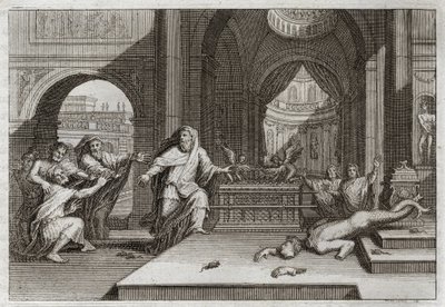Bible of Royaumont, Old Testament: Idol of Dagon. When the Philistines put the ark of the covenant in the temple beside Dagon their God, she brought down their idol, and smote them all with a very severe plague, which forced them to send her away. Illustra by Unknown artist