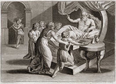 Bible of Royaumont, Old Testament: Isaac blessed Jacob. Isaac, desiring to bless Esau, gives his blessing to Jacob by the wisdom of Rebekah, to whom it belonged according to the plan of God. Illustration from 1811 by Unknown artist