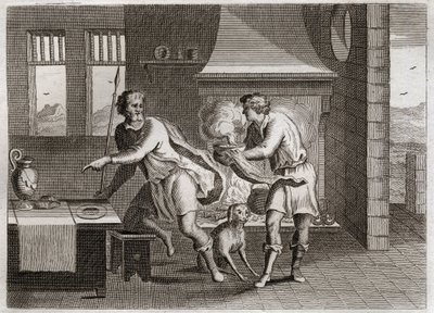 Bible of Royaumont, Old Testament: Jacob and Esau. Esau sells his brother Jacob his birthright for some lentils. Illustration from 1811. by Unknown artist