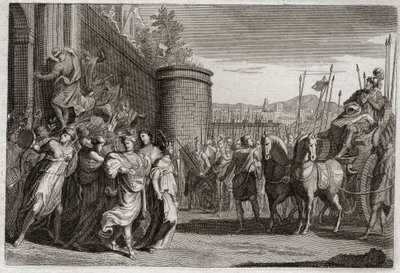 Bible of Royaumont, Old Testament: Jephthah sacrifices his daughter. Jephthah, one of the judges of Israel, vowed to sacrifice to God the first person who would come to him after his victory against the Ammonites. It was his daughter. Illustration from 181 by Unknown artist