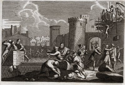 Bible of Royaumont, Old Testament: Jerusalem rebatie. King Artaxerxes I sent Nehemia to Jerusalem with permission to rebuild all its walls. Illustration from 1811 by Unknown artist