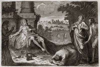 Bible of Royaumont, Old Testament: Job on the dung heap. The holy man Job is tempted by the demon who takes away all his goods and all his children, and strikes him with a terrible wound, leaving him only his wife to carry him impatiently. Illustration fro by Unknown artist