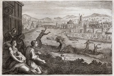 Bible of Royaumont, Old Testament: Midwives of Egypt. Pharaoh causes the male children of the Israelites to be thrown into the Nile. Illustration from 1811 by Unknown artist
