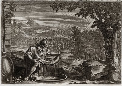 Bible of Royaumont, Old Testament: Miracle of Fleece. Gideon obtained from God the miracle of the fleece as proof that he had chosen it and that he would make it the liberator of his people. Illustration from 1811. by Unknown artist