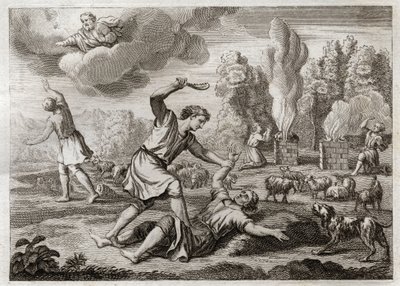Bible of Royaumont, Old Testament: Murder of Abel. Cain is carrying his brother with envy against Abel, taking him out into the countryside as if to walk, and killing him. Illustration from 1811. by Unknown artist
