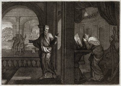 Bible of Royaumont, Old Testament: Penitence of David. God sends his Prophet Nathan to David to represent his fault. The regret that this holy King conceded from it makes him accept all the evils that the Prophet predicted him. Illustration from 1811. by Unknown artist