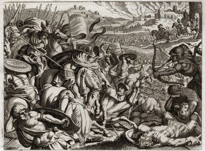 Bible of Royaumont, Old Testament: Punishment of the Benjamites. The tribe of Benjamin is exterminated. Illustration from 1811 by Unknown artist