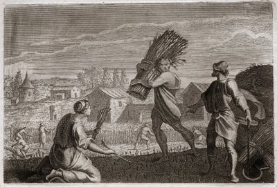 Bible of Royaumont, Old Testament: Ruth follows her mother-in-law Naomi in the land of Judah and reaps the wheat fields of Boaz. Illustration from 1811. by Unknown artist