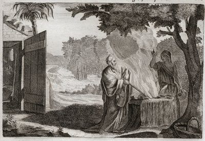 Bible of Royaumont, Old Testament: Sacrifice of Gedeon. Gedeon (Gideon) is called by God to take away the Jews from their enemies. He offers a sacrifice on a stone, from which he comes out a fire that consumes it. Illustration from 1811 by Unknown artist
