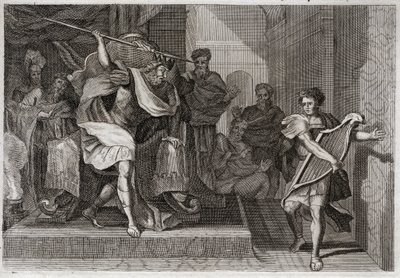 Bible of Royaumont, Old Testament: Saul wants to kill David. Saul full of anger and envy against David, wants to pierce his spear when he played the harp in front of him. Illustration from 1811 by Unknown artist