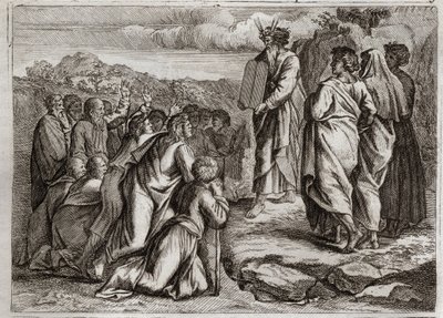 Bible of Royaumont, Old Testament: Second Tables of the Law. God gives Moses other tables (Ten Commandments), which the people receive with respect. Illustration from 1811 by Unknown artist