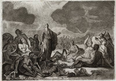 Bible of Royaumont, Old Testament: Second vision of Ezekiel. The vision that the Prophet Ezekiel had from several bones all dried up which took up a human form. Illustration from 1811. by Unknown artist