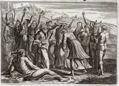 Bible of Royaumont, Old Testament: Solomon King. David established Solomon King at the prayers of Bethsabee and Prophet Nathan. Illustration from 1811 by Unknown artist