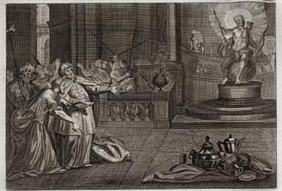Bible of Royaumont, Old Testament: The Idol of Bel. Daniel destroyed the Idol of Bel, and killed a dragon whom the Babylonians worshipped. Illustration from 1811. by Unknown artist