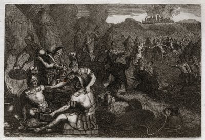 Bible of Royaumont, Old Testament: Thieves of Ziklag. Some Amalekites come to plunder Ziklag in the absence of David. He runs furious and defeats them. Illustration from 1811. by Unknown artist
