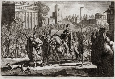 Bible of Royaumont, Old Testament: Triumph of Mordecai. Haman is forced by the King to proclaim the triumph of Mordecai his enemy throughout the city of Susa. Illustration from 1811. by Unknown artist