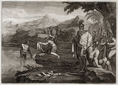 Bible of Royaumont, Old Testament: War of Naaman. Naaman, general of the army of the King of Syria, came to find the Prophet Elisha to be healed of his leprosy. Illustration from 1811. by Unknown artist