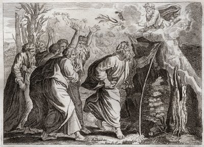 Bible of Royaumont, Old Testament: Water from the Rock. Moses brings water out of the rock, and gives a drink to the people of Israel. Illustration from 1811. by Unknown artist