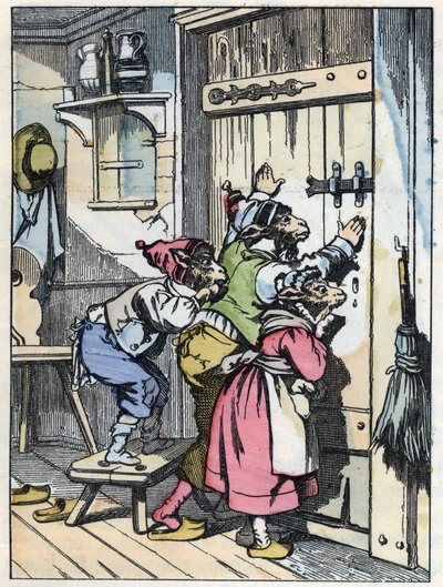 Biquets listen to who knocks on the door. Illustration of the tale 