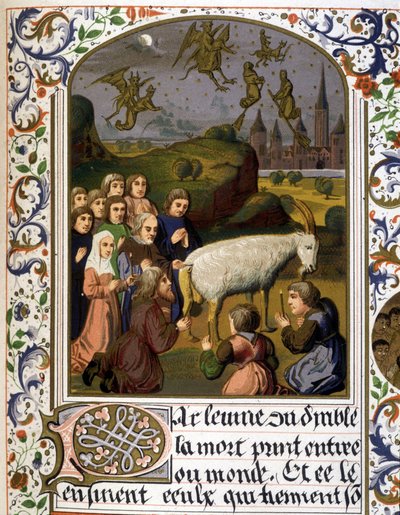 Black mass around a goat against a Sabbath scene - Facsimile of an illumination by Unknown artist