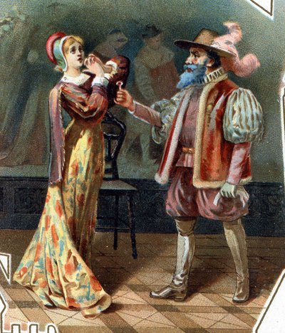 Blue Beard. Tale of Charles Perrault. 1697. Chromolithography of the late 19th century. Bluebeard interrogates his wife who attempted to enter the cabinet where Bluebeard