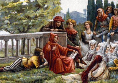 Boccacio reading the Decameron to his friends during the plague epidemic in Florence around 1348. chromolithograph of the late 19th century by Unknown artist