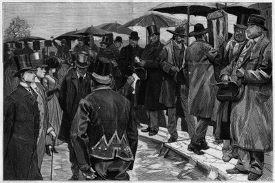 Bookmakers at the racecourse of Auteuil before the pickets were removed, in "Le Monde Illustré" 1887 by Unknown artist