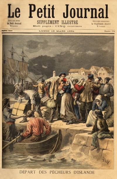 Breton sailors leaving Paimpol in the spring to search for cod on the coast of Iceland or Newfoundland. Engraving in 