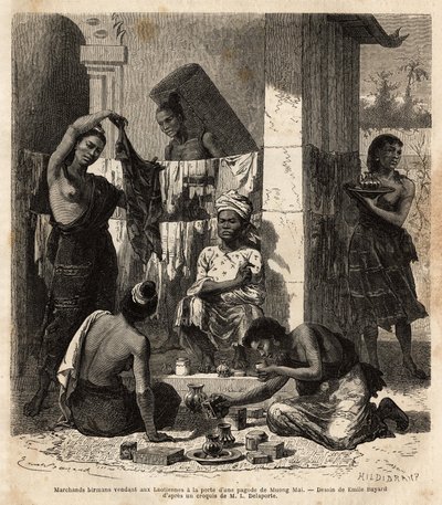 Burmese merchants selling fabrics and perfumes to Laotian women at the door of a pagoda in Muong Mai. Engraving to illustrate the voyage of exploration in Indochina, by Francis Garnier, lieutenant de Vaissseau, in 1866-1868, published in “Le tour du monde” by Unknown artist