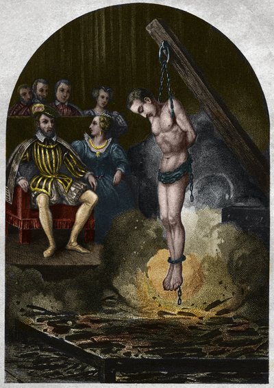 Burning chamber (court) Under King Henry II (1519-1559) in the presence of Catherine de Medicis (Caterina de Medici). Engraving from 1842 in Histoire des popes by Maurice Lachatre. Private collection. by Unknown artist