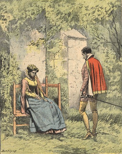 Bussy and Diane, known as Madame de Monsoreau, in the garden ready of the Church. Illustration of the novel “La Dame de Monsoreau” by Alexandre Dumas in the “Journal des novels populaires illustrés” by Unknown artist