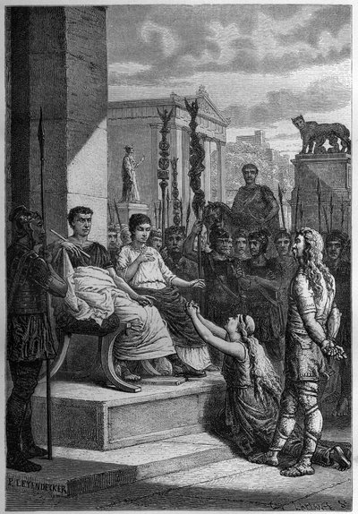 Captivity of Caratacus with his family addresses the Roman Emperor Claudius - Engraving in 