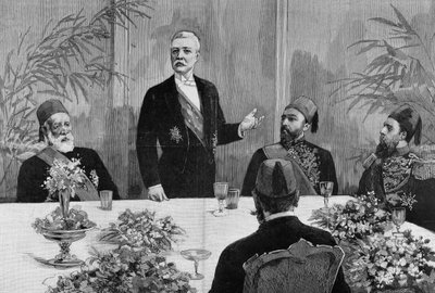 Cairo: Stanley (Sir Henry Morton) (1841 - 1904) delivers a speech at his banquet. Engraving of the 19th century. by Unknown artist