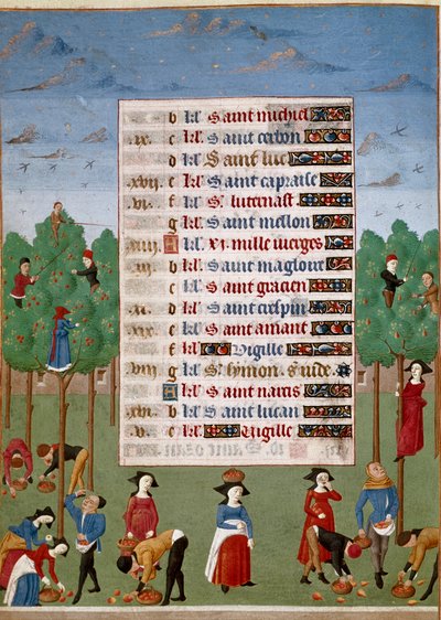 Calendar Page for the Month of October: Agricultural Works, Harvesting Fruits by Unknown artist
