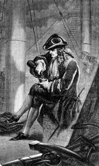 Captain Gabriel de Clieu (1687/1678- ca. 1774), commissioned by King Louis XIV in 1725 to bring back to Martinique a coffee plant, shares with it his ration of water to save it from the drought. 19th-century engraving by Unknown artist