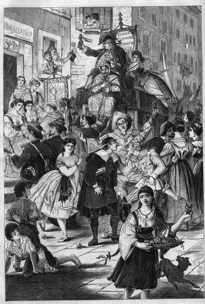 Carnival in Rome: the walk of Dr. Pasquin Roman custom. He offers the ladies of the balconies his elixirs. Engraving in 