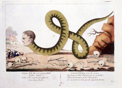 Cartoon about Napoleon I represented as a snake. Snake of Africa under arms, in France he first came to cover his nakedness; Scourge of homeland and humanity, the monster lived only with blood and tears. - in Napoleon I, caricatures, dummy collection. 1814 by Unknown artist