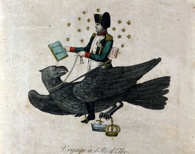 Cartoon about Napoleon about his exile on Elba Island. Napoleon on an eagle holds in his right hand a book entitled Military Conscription. Engraving of the period by Unknown artist