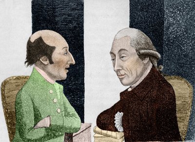 Cartoon by James Hutton (1726 - 1797) on the left and Joseph Black (1728 - 1799) on the right. Engraving early 19th century by Unknown artist
