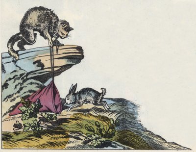 Cat traps a rabbit. Illustration of the tale 